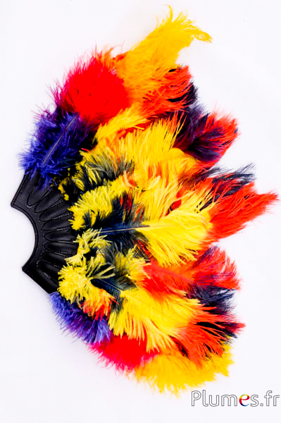 Éventail en plumes d’autruche - 20 plumes, cuir noir - multicolore
